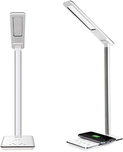 JSIOPYUB LED Desk Lamp Table Lamp with Qi Wireless Charger & USB Charging Port, Eye-Care Dimmable Touch Lamps, 4 Color Lighting Mode Brightness Adjustable