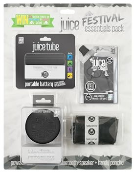 Juice Festival Essentials Kit, Including Portable Power Bank, Wireless Speaker, Multi-Connector Charging Cable, and Waterproof Poncho (Grey)