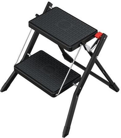 Hailo MK61 Mini Stahl-Trittleiter - 2 große Stufen mit Anti-Rutsch-Matten bis 150kg - Klappsicherung mit Entriegelungstaste - Tragegriff - Klapptrittleiter rostfrei und einfach zu verstauen - schwarz