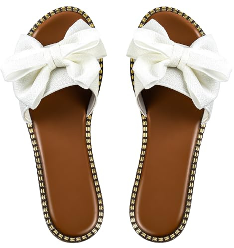 Sksshion Women's Bow Knot Slides Sandals Slip On Summer Dressy Flat White 8
