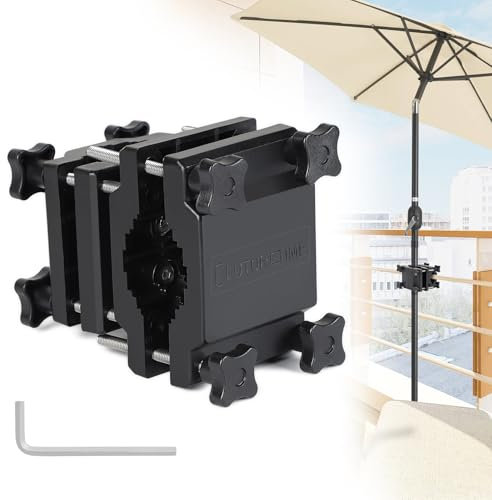 efuturetime Supporto per Ombrellone da Balcone, Ombrellone da Fissare Regolabile per Ombrellone Ø22-38 mm, Clip per Ombrellone per Balaustra Quadrata 25-60 mm o Rotonda Ø25-40 mm, Nero