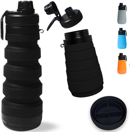 DARZWAY Botella Plegable de Silicona 750 ml – Con Funda de Neopreno y Cepillo Limpiador – Cantimplora Reutilizable y Flexible – Sin BPA – Ideal para Camping, Viajes y Deporte. (Negro)