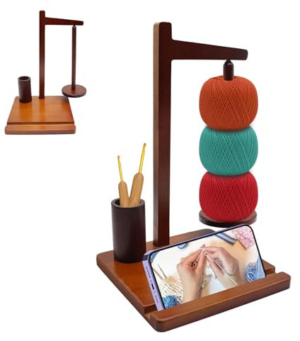 Supporto in Legno per Fili, Porta-Gomitolo con Supporto per Telefono, Supporto Magnetico Multifunzionale per Lana, Raccoglitore per Fili da Uncinetto e Lavoro a Maglia