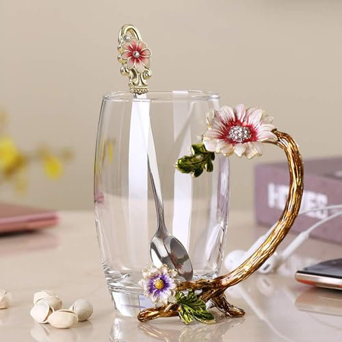 13 Oz Enamel Sunflower Crystal Lead-Free Glass Tea Cup with Spoon Set, Present for Valentine's Day.Best Present for Mother, Grandma, Girlfriend, Sister.