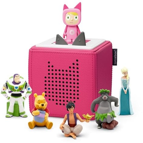 tonies Ultimate Disney and Pixar Pink Toniebox Starter Set Bundle with 1 Creative Tonie and 5 Tonie Characters, Disney Frozen Elsa, Jungle Book, Aladdin, Toy Story, Winnie the Pooh Kids Music Player