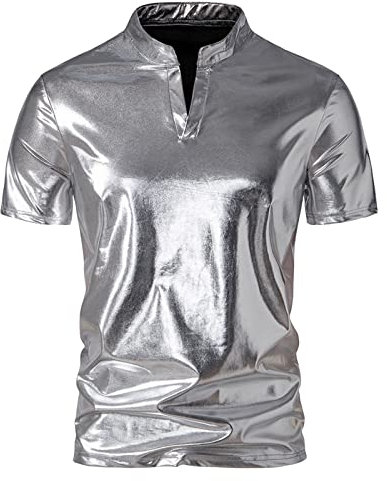 Vhersily Hemd mit Knöpfen für Herren, Sommerhemd, kurzärmelig, lässig, einfarbig, aus Leinen, für den Sommer, silber, Small
