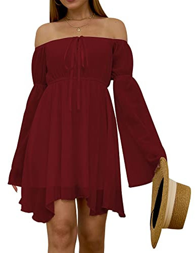 FDKLOOK Off Shoulder Dress for Womens Mini Bell Sleeve Lace-Up Irregular Chiffon Bottoming Dress Wear with Corset M Dark Red