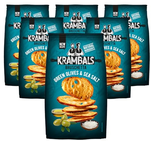 KRAMBALS Bruschetta Green Olives & Sea Salt Crisps (Pack of 6 x 70g) - Baked Crisps Bruschetta Bread Snacks Palm Oil Free Cheese Snack Box