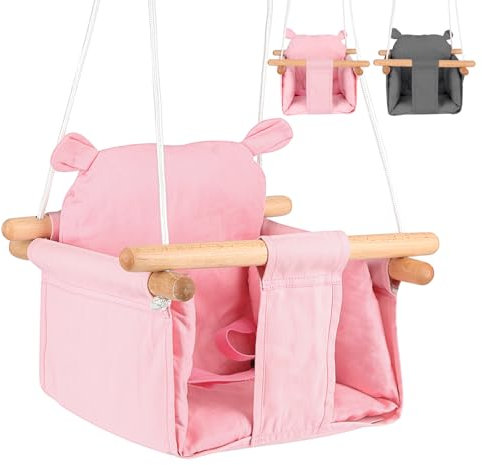 XUANYU Portique Balancoire Enfants Pliable avec Ceinture de Sécurité, Balançoire Bébé Enfants en Tissu et Bois, Siège d'Oscillation, Balancoire Exterieur Interieur, Balançoire de Jardin (Rose)