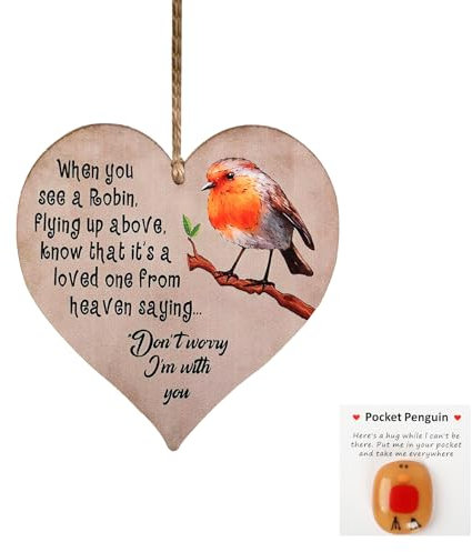 Wasise Rotkehlchen-Geschenke – 2-teiliges Rotkehlchen-Holzschild und Taschenumarmungs-Geschenk-Set, Mini-Taschenumarmung, Rotkehlchen-Dekoration als einzigartiges Andenken, aufmerksames Glücksgeschenk