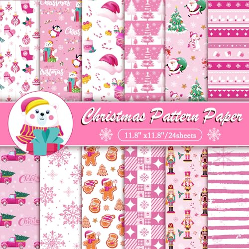 Konsait 24 Sheets Christmas Scrapbook Paper 12x12 Pink Christmas Pattern Paper Craft Cardstock for Card Making Kit Xmas Cardstock Origami Papers Scrapbook Supplies