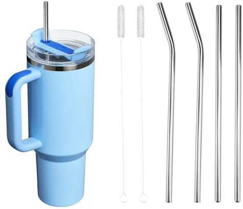 BOXOB Stainless Steel Straw Replacement for Stanley Quencher H2.0 Tumbler 40oz, 4pcs Reusable Metal Straws with 2 Cleaning Brush Compatible with 40oz Stanley Cup Tumbler|BPA-Free