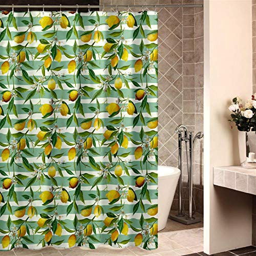 Rideau Douche Citron Vert Rayé Rideau de Douche Anti Moisissure Imperméable Tissu Polyester Lavable pour Salle de Bain Baignoire Hôtel avec 12 Crochets en C(180x220cm)