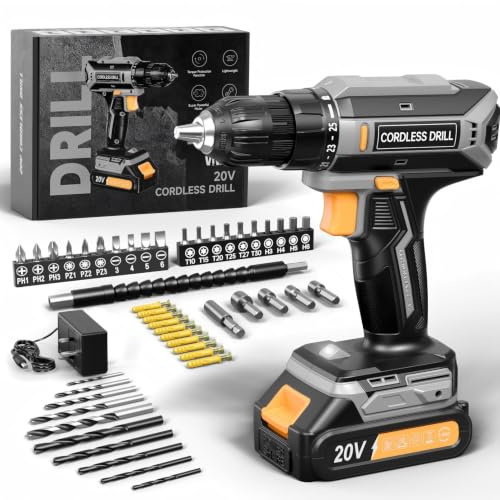 VIWKO Cordless Drill, 20V Electric Combi Drill Set, 25+1 Torque 370 in-lb Power Drills, Electric Screwdriver with 56PCS Accessories LED Light, 2.0Ah Battery Hand Drills Driver for Home Repair DIY Gift