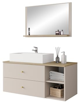 Mirjan24 Badmöbel Set Kormen I mit Waschbecken und Siphon, 2 offenen Fächern, 2 Schubladen, Oberplatte - Marmor-Optik, Badezimmer Komplett (Wüstensand + Eiche Cremona)