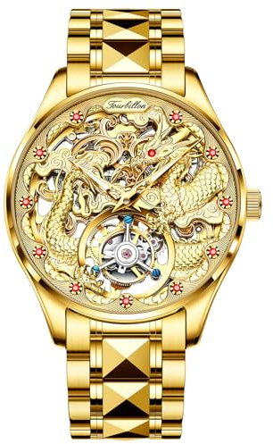 OUPINKE Mens Tourbillon Automatic Mechanical Watch with Dragon Skeleton Dial Luxury Dress Watches with Sapphire Crystal, Tungsten Steel Strap, Waterproof and Luminous