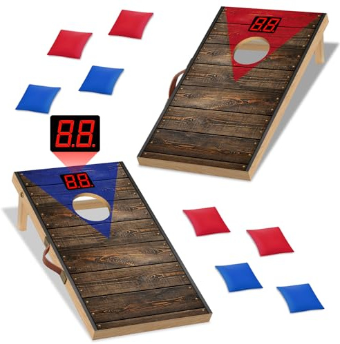 NZQXJXZ Cornhole Spiel Outdoor mit Automatischem Punktezähler | Massivholz Premium Corn Hole Boards, Cornhole-Wurfset mit 8 Cornhole Säckchen & Einer Tragetasche für Garten,Camping,Backyard