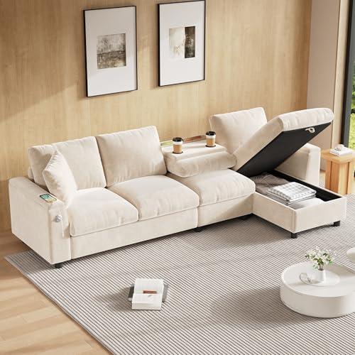 A ALFRESCOOL Sofa L Form mit Schlaffunktion, Ecksofa, Schlafsofa mit Stauraum, Chenille-Stoff, Verstellbarer Fußhocker, Ausklappbarer Couchtisch mit 2 Getränkehaltern, 280×137×84cm (Beige)