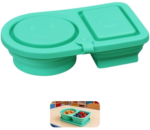 Fiambrera Silicona Plegable 2 Compartimentos Con Tapa, Caja De Snacks Infantil Reutilizable 500ml, Bandeja Aperitivos Pequeña Para Colegio Viaje, Contenedor Alimentos Fruta Y Frutos Secos, Verde