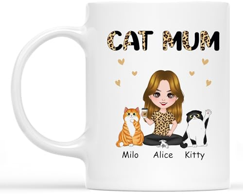 Personal Chic Custom Mug Name - Cat Mum Leopard Pattern - Cat Mug, Mothers Day Cups Gifts, Personalised pet Mugs, Cats Mugs for Women, Cute Gifts for Mum (2-Cats)