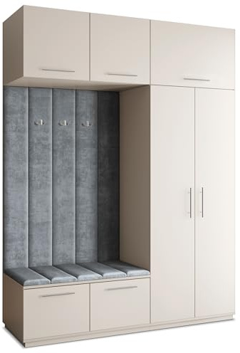 Masseno Flugarderoben Set Rema, Kleiderschrank-Set mit Sitzbank, Garderobenschrank Flur mit 5 Regalböden, Kaschmir