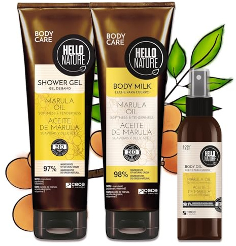 Naturkosmetik Marula Öl Körperpflege Set - Duschgel, Body Milk & Körperöl mit Marulaöl, vegan & silikonfrei - Feuchtigkeitsspendende Pflege für trockene Haut & glatte, geschmeidige Haut