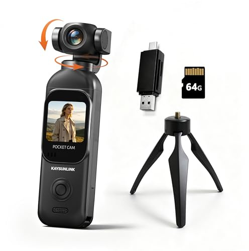 Kaysunlink 1080P Vlogging Camera with 270°Rotatable Lens, Handheld POV Pocket Camera with Touch Screen & WIFI, 5 Hours Power, One-button Recording Camcorder with 64GB Card for Daily Use, Travel, Black