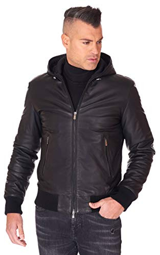 D'Arienzo Bomberjacke Lederjacke Schwarze Herren mit Kapuze Echtleder Made in Italy Biancolino schwarz/56