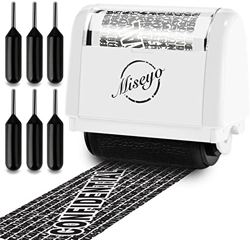 Miseyo Identity Theft Protection Roller Stamp Set - White (6 Refill Ink) | Personal Data Theft Prevention, Hiding Confidential Information,1.5inch Wide Address Blocker, Easy to Scroll, Refillable ink