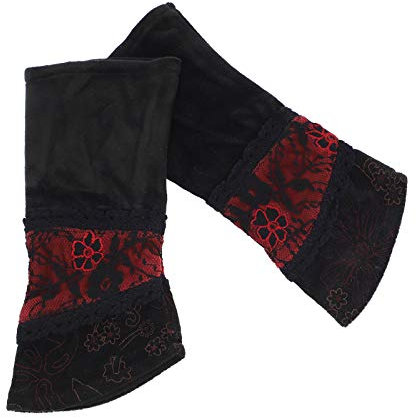 Kunst und Magie Damen Samt Armstulpen Stulpen Handwärmer Handschuhe mit Spitze, Farbe:Schwarz/Rot