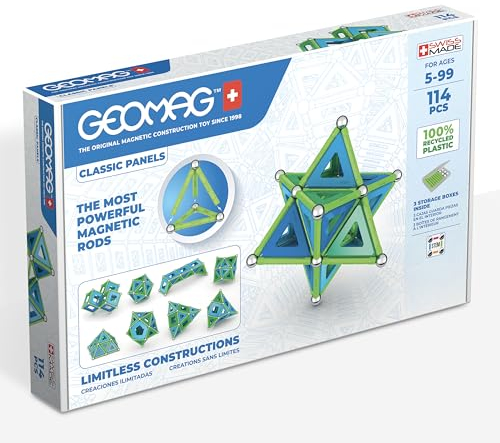 Geomag - Classic Panels 114 Teile - Magnetisches Konstruktionsspielzeug für Kinder - Green Line - Lernspiel aus 100% Recyclingkunststoff