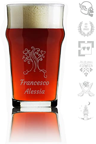 Generico MASTERLASER3.0 Bicchiere da Birra Personalizzato Pinta Vetro 570 ml Inciso a laser Personalizzabile con Nomi, Data, Design e Caratteri Diversi. Quantità (1)