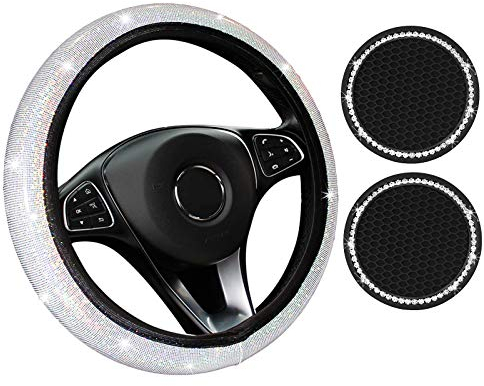 Lenkradbezug Glitzer,PU Bling Bling Leder Lenkradbezug, Autozubehör für Frauen, Auto Glitzernd Strasssteine, Elastische Dichtheit, Universal, rutschfest(White)