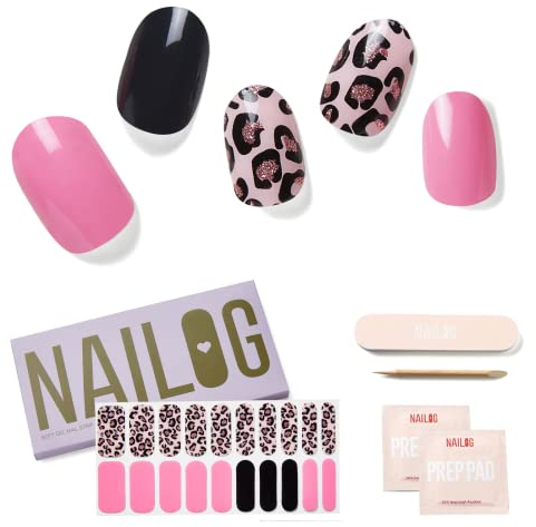 NAILOG Semi Cured Gel Nail Strips, Extra Long Nail Polish Strips (20 Pieces), Long Lasting Semi Cured Nail Stickers with Soft Glossy Gel Finish, Pink Leopard