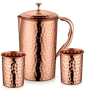 RATNA Jarra martillada 100% de cobre puro con 2 vasos de vidrio con acabado martillado Ayurveda beneficio para la salud