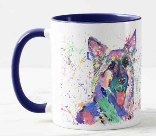 Vixar German Shepherd Dog Pet Watercolour Rainbow Art Coloured Mug Cup Gift Birthday Work Office Christmas Tea Coffee (Navy)