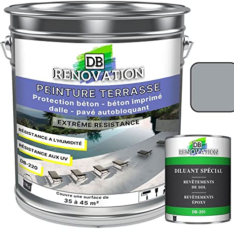 PEINTURE SOL TERRASSE Extérieur pour béton, pavé - Forte protection UV - Haute imperméabilité - Passage fréquent - Gris fenêtre 5KG + 1L Diluant