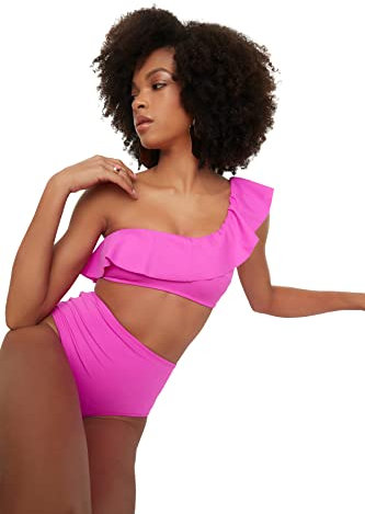Trendyol Top Bikini Monospalla del volano, Rosa, 0 Donna