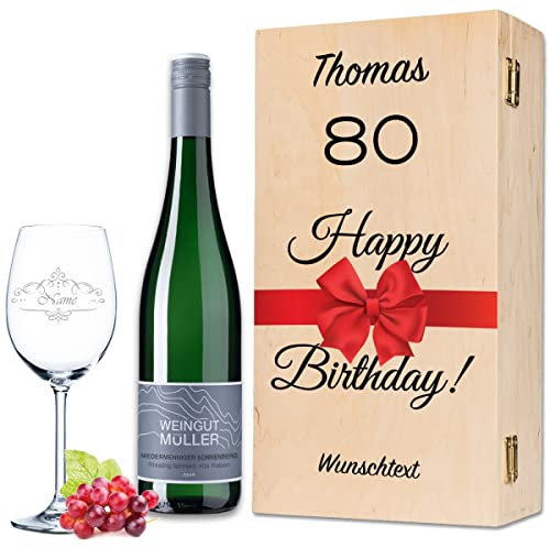 Leonardo Weinglas mit Gravur - Happy Birthday 80 Jahre - Personalisiert mit Name & Text - inkl. Holzkiste & Flasche Wein von Riesling Tandem - Geschenk Set zum 80. Geburtstag für Sie & Ihn