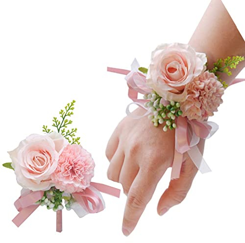 OUKEYI Set di 2 bouquet da polso a forma di rosa, fiore all'occhiello, per matrimonio, da uomo, per matrimonio, bouquet con rose bianche, da donna, per sposa, damigella d'onore, corsageper da polso,