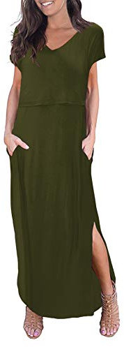 Smallshow Women's Maternity Nursing Dress Split Long Breastfeeding Clothes Army Green M