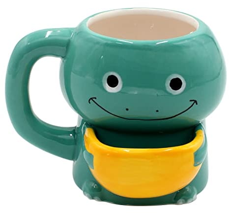 Dekohelden24 Kaffeebecher Kaffeetasse mit Keksfach aus Keramik - Motiv: Dino - Größe: ca. H/Ø: 10 x 7 cm/Fassungsvermögen: 300ml
