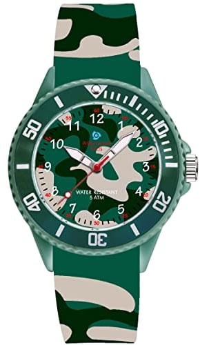 Alienwork Kids Lernuhr Kinderuhr Jungen Mädchen Armeegrün Silikon-Armband Camouflage Kinder-Uhr Wasserdicht 5 ATM Zeit Lernen