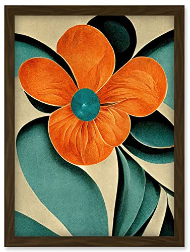 Doppelganger33 LTD Bold Art Deco Flowers Teal Orange Cream Poppy Artwork Framed Wall Art Print A4
