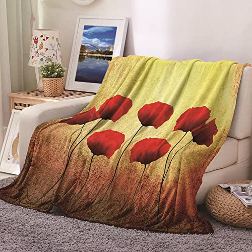 Daesar Wohndecken Kuscheldecken 150X200, Decke Warm Winter Gelb mit Rot Blumen Gemustert Fleecedecke für Sofa
