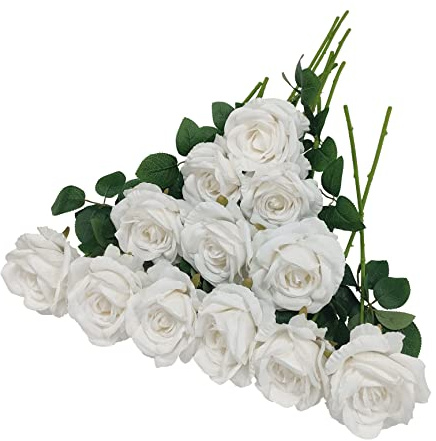 ATFL Weiße Rosen Seidenblumen mit Stiel, echtes Aussehen, 12 Stück, für Hochzeitsdekoration | Weiße Rosen, künstliche Blumen, künstliche Rosen, 45 cm, künstliche Stiele, Heim-Party-Dekoration, 10 cm Köpfe