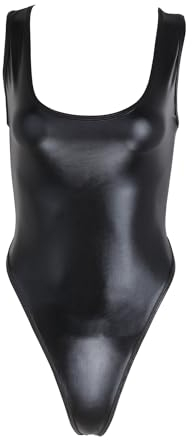 Alvivi Damen Wetlook Body Overall Badeanzug Metallic Bikini Bademode High Cut Thong Stringbody Leotard Tops Schwarz Einheitsgröße