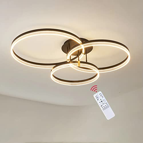 LED Deckenleuchte mit 3 Ringen, Dimmbare Moderne Deckenlampe aus Metall in Schwarz, mit 3 Leuchtringen, Wohnzimmerlampe mit Fernbedienung, LED 76 Watt, Lichtfarbe 3000/4000/6500 Kelvin, Ø40+Ø50+Ø60cm