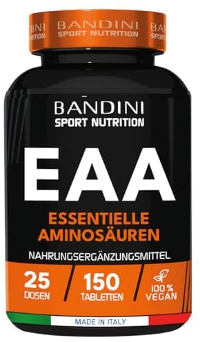 Bandini® EAA Aminosäuren Komplex | Vegane Amino Tabletten mit allen 9 essentiellen Aminosäuren | Essential Amino Pre Post Workout | Hochdosiert, vegan, ohne Zusätze, laborgeprüft, GVO-frei | 150 Tab