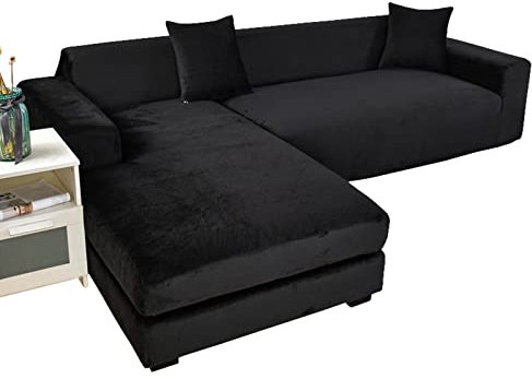GUYIRT Strecken Sofabezug L Form Samt, L Form Sofa überzug 2 Stück Couchbezug L Form Weicher Möbelschutz Mit Elastischem Boden Für Hunde Und Katzen -Schwarz-4+4 Sitzer